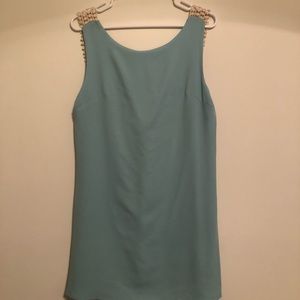 Light blue/ sea foam dress.Low dip back, lace trim